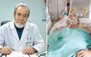 Male doctor in white coat sits at desk with papers, ID badge visible, looking at camera (informational image)