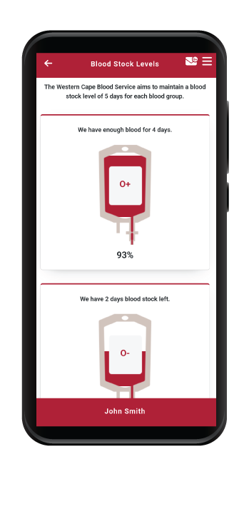 Mobile screen of a Blood Stock Levels app. Top card shows O+ blood at 93%, enough for 4 days. Bottom card shows O- stock low (2 days) with name John Smith.